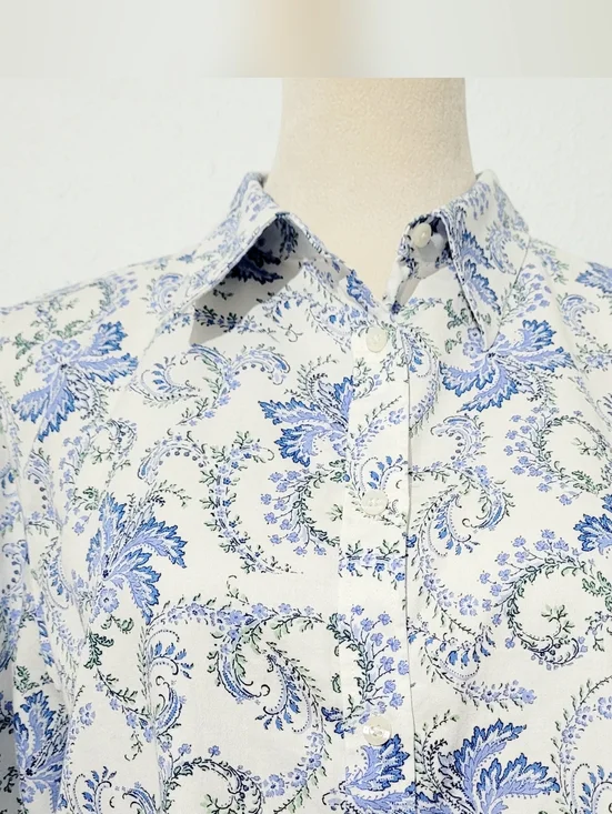 Womans Blue Floral Button Up Shirt 100% Cotton Lightweight Paisley Classic Chaps - Picture 3 of 13